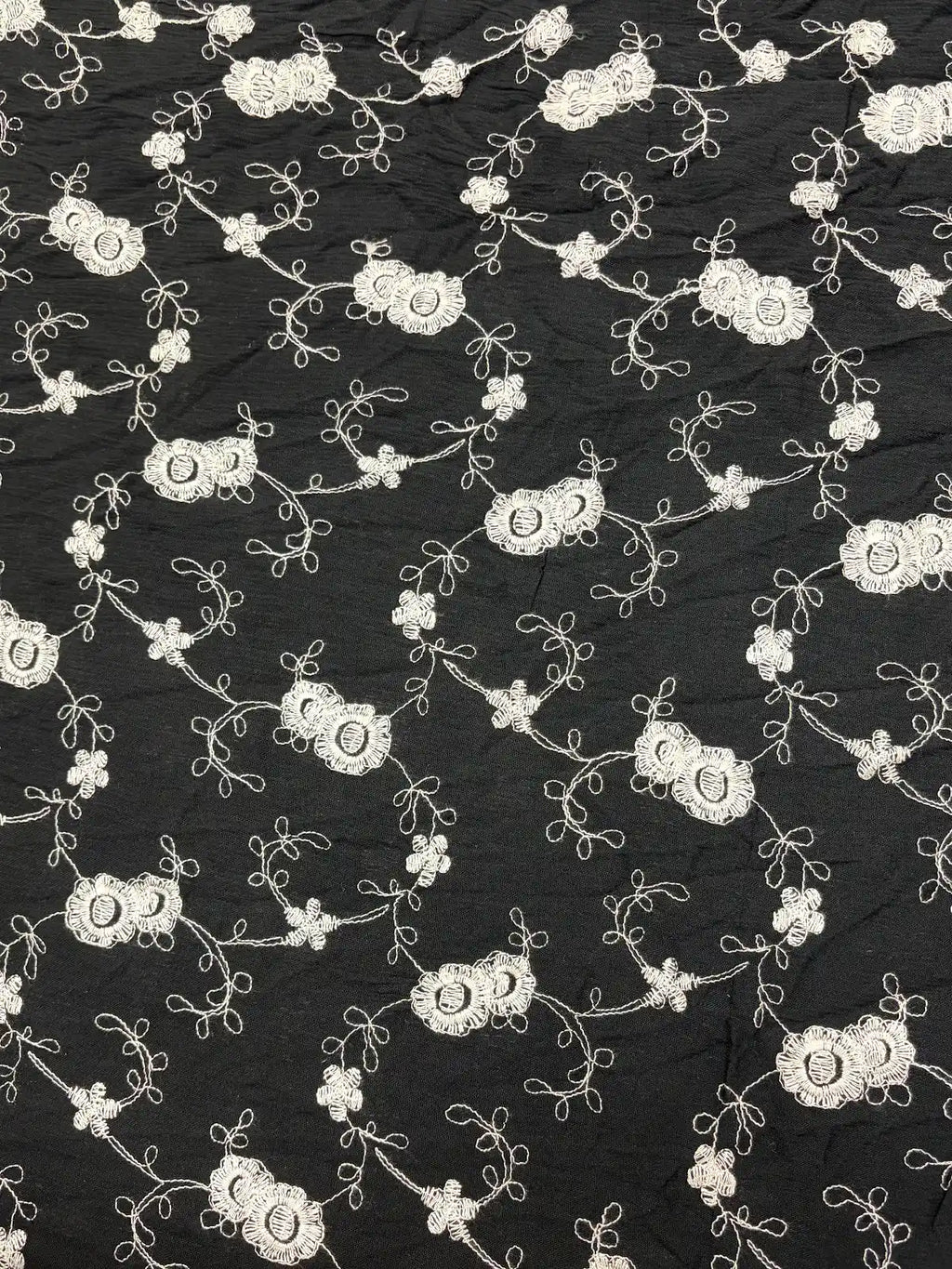 White Embroidered Floral on Black | Cotton Blend
