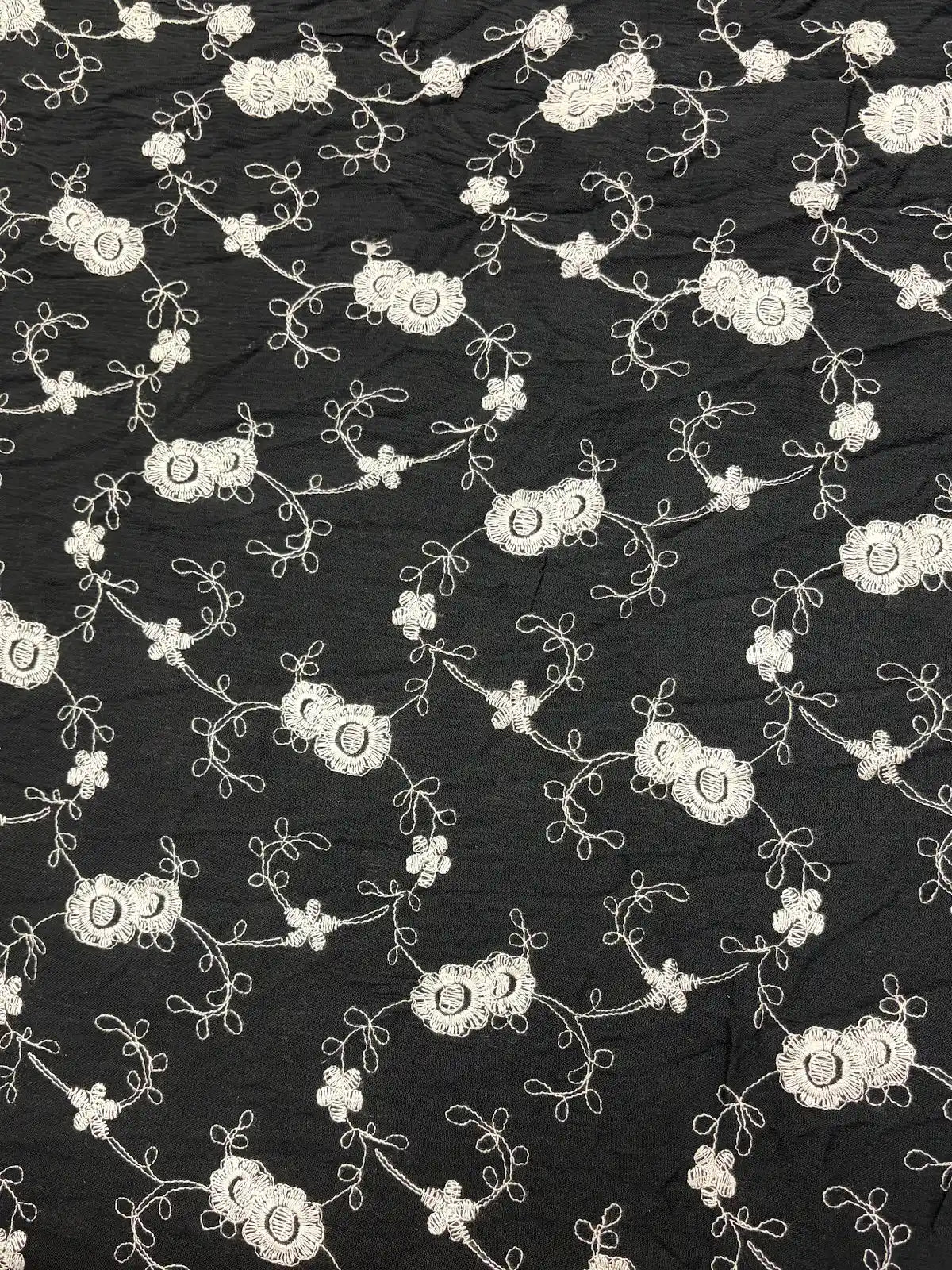 White Embroidered Floral on Black | Cotton Blend