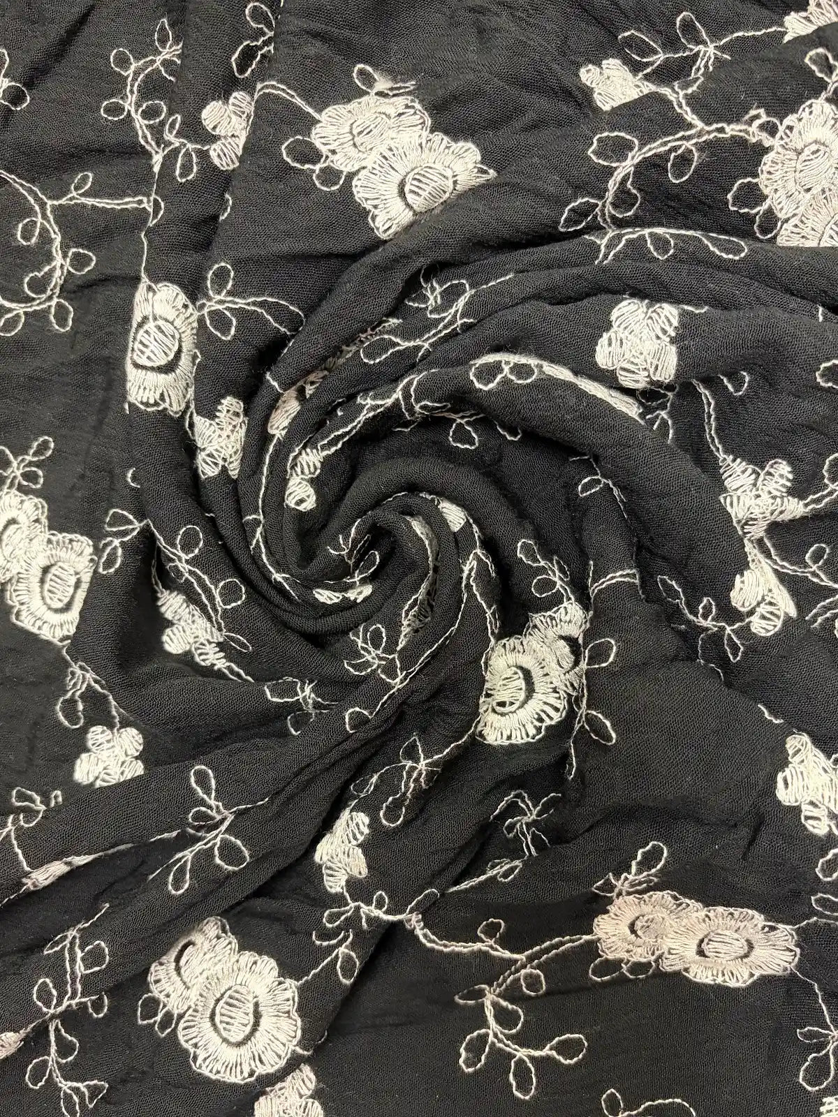 White Embroidered Floral on Black | Cotton Blend