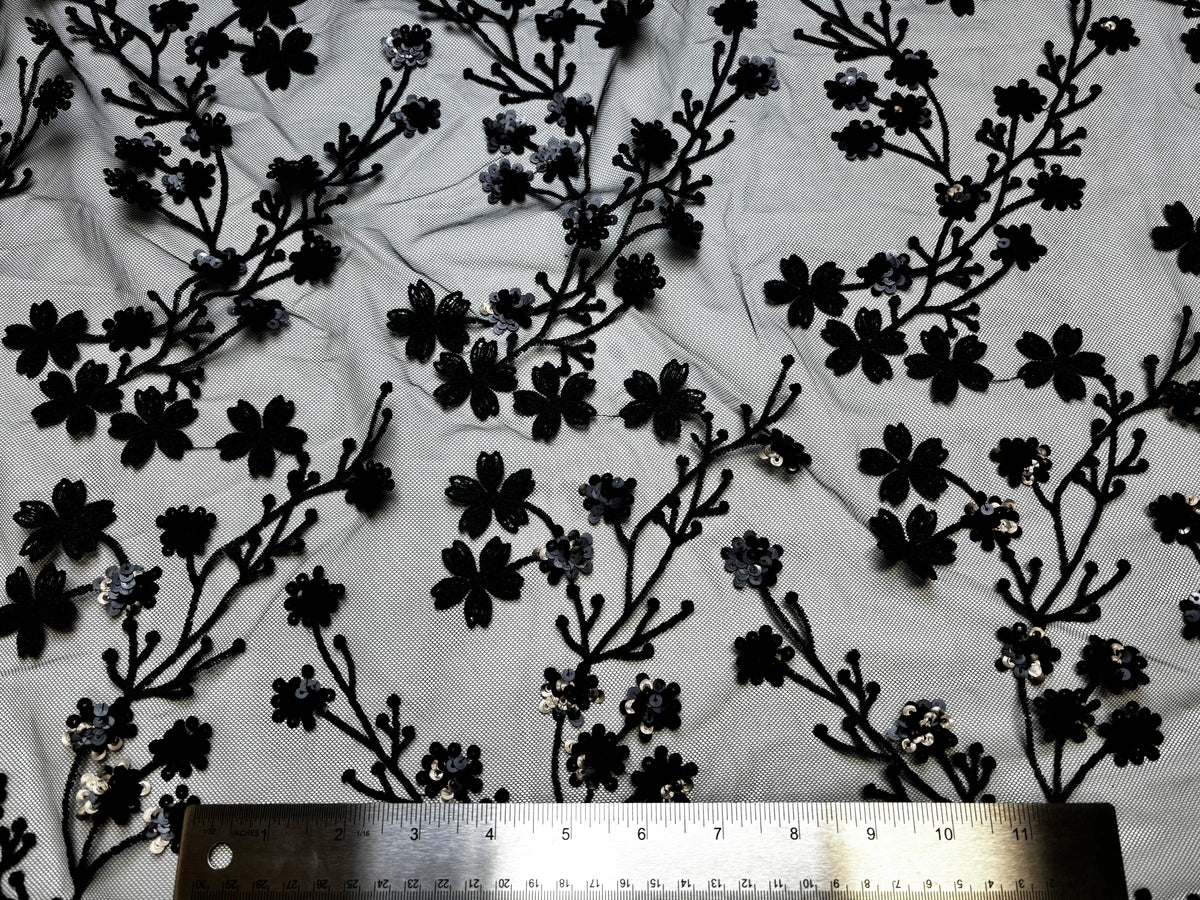 Black Ditsy Floral Tulle Mesh | Sequin