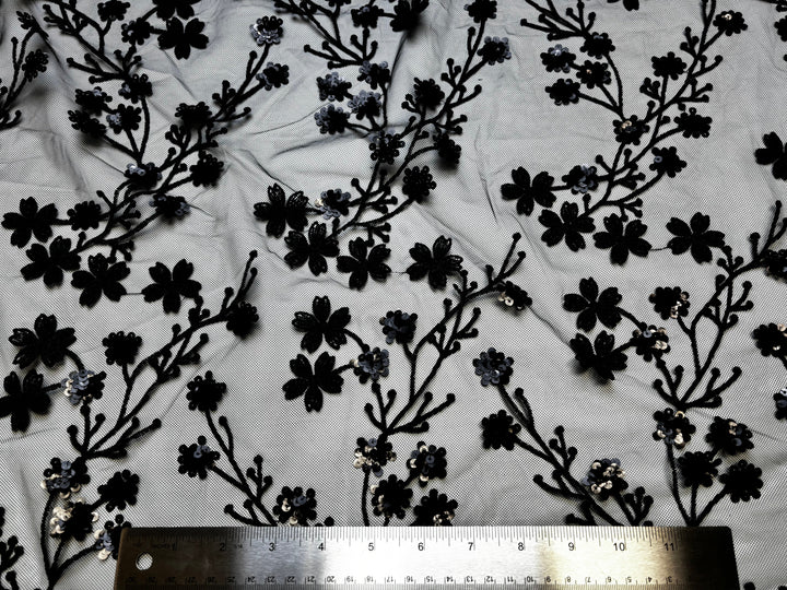 Black Ditsy Floral Tulle Mesh | Sequin