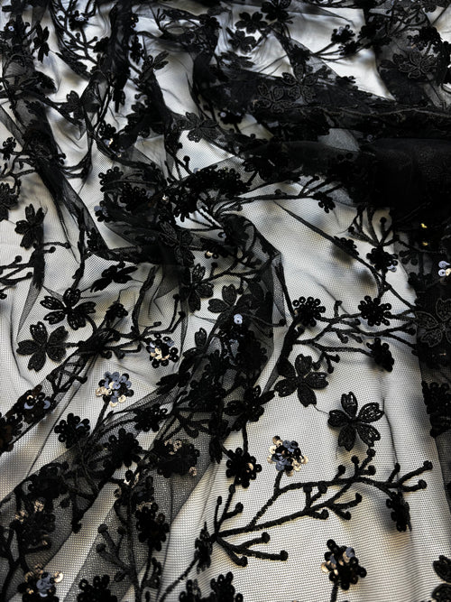 Black Ditsy Floral Tulle Mesh | Sequin