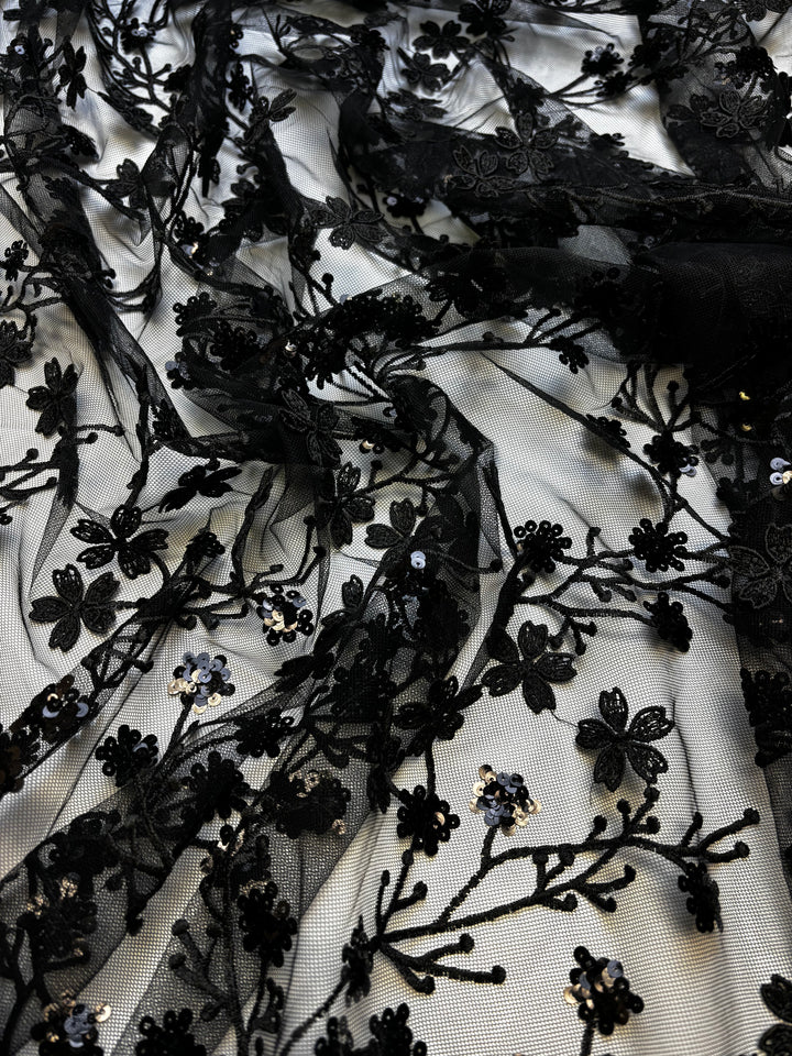 Black Ditsy Floral Tulle Mesh | Sequin