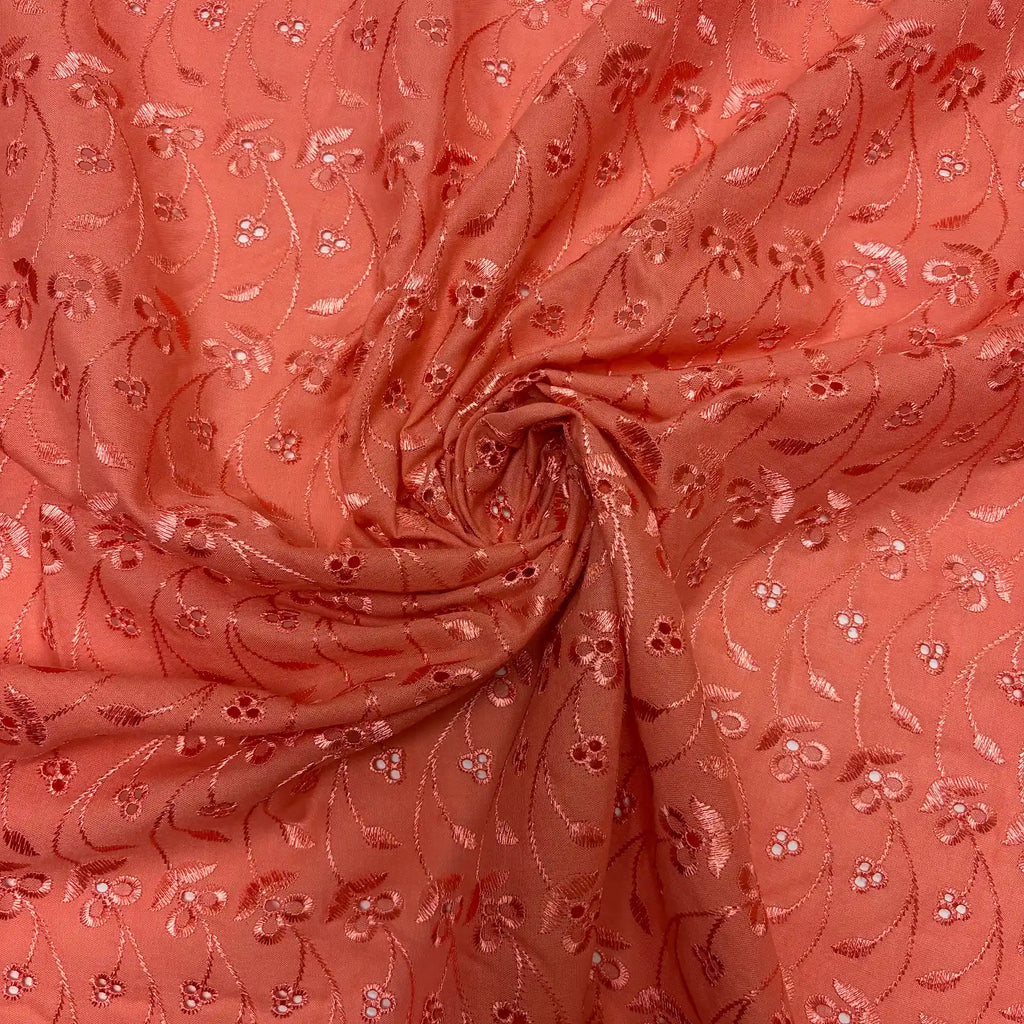 Coral Floral Eyelet Embroidered Lawn | Lace