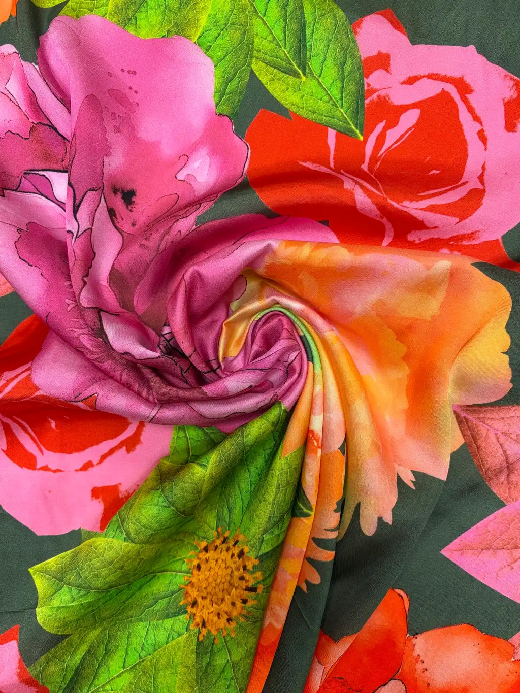 Multicolor Oversized Floral on Hunter Green | Viscose | Made in Italy