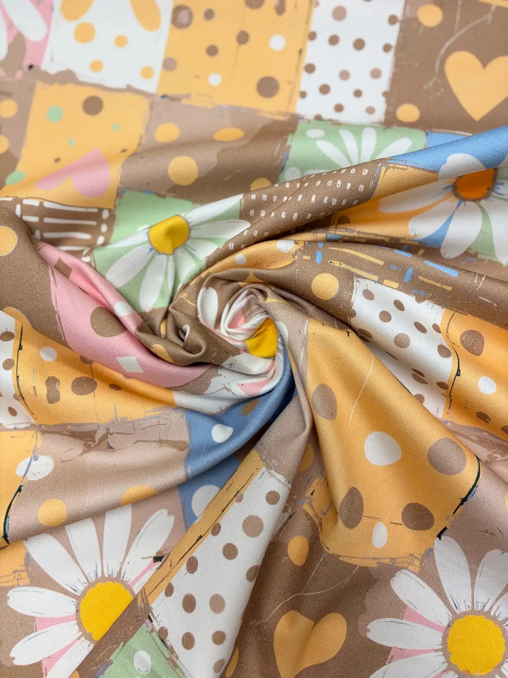 Multicolor Brown and Yellow Daisy Patchwork Print | Cotton | Made in Italy