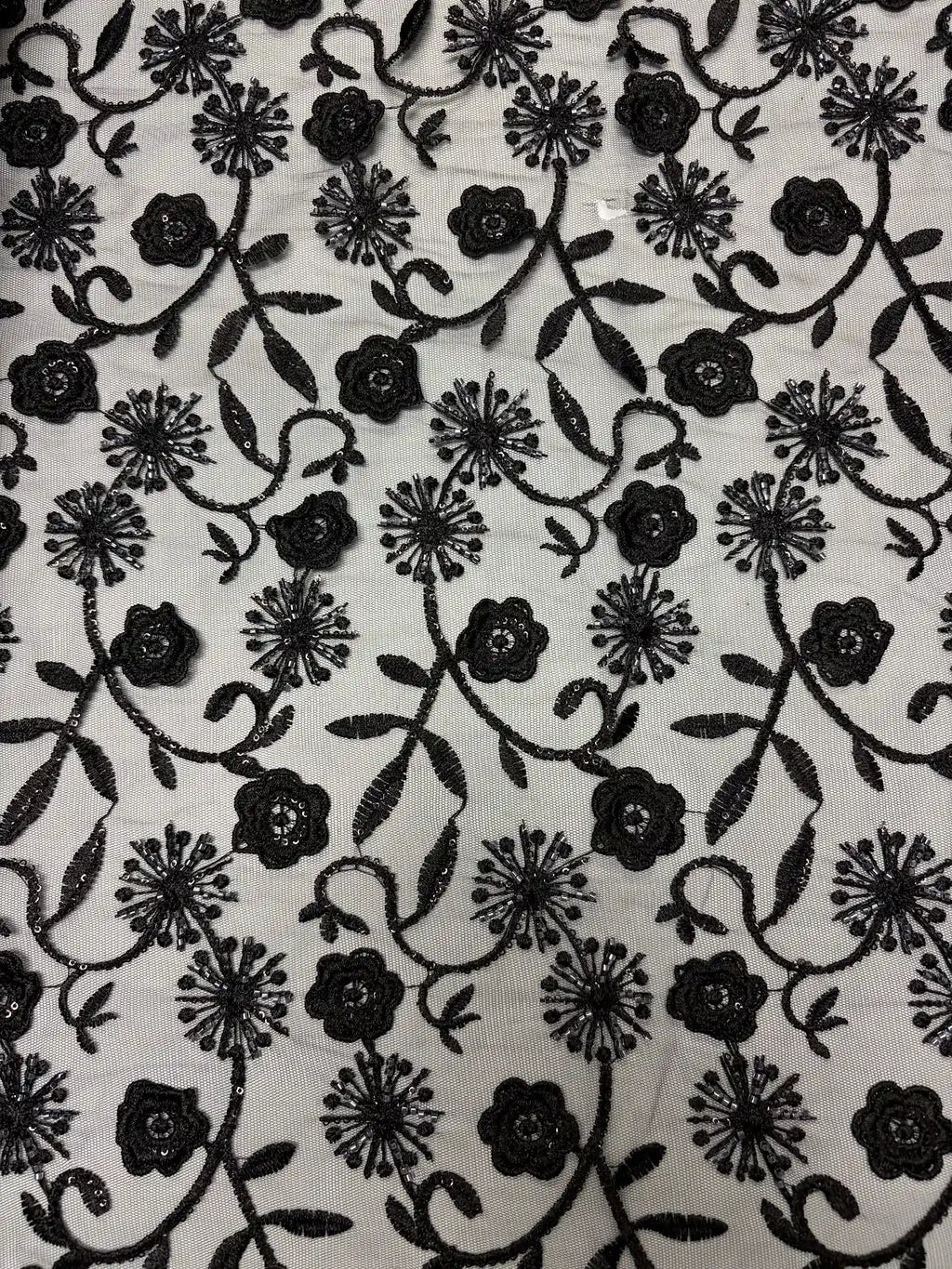 Black Beaded Embroidered Sequin Floral with Scallop Selvedge | Lace