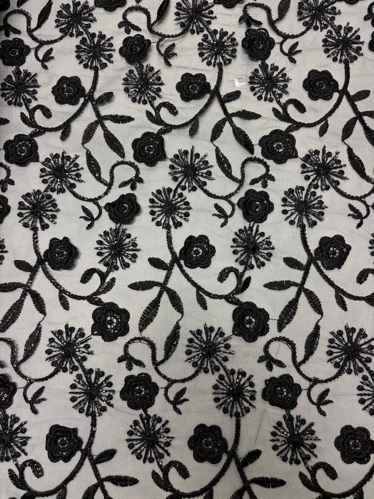 Black Beaded Embroidered Sequin Floral with Scallop Selvedge | Lace