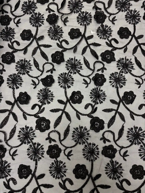 Black Beaded Embroidered Sequin Floral with Scallop Selvedge | Lace