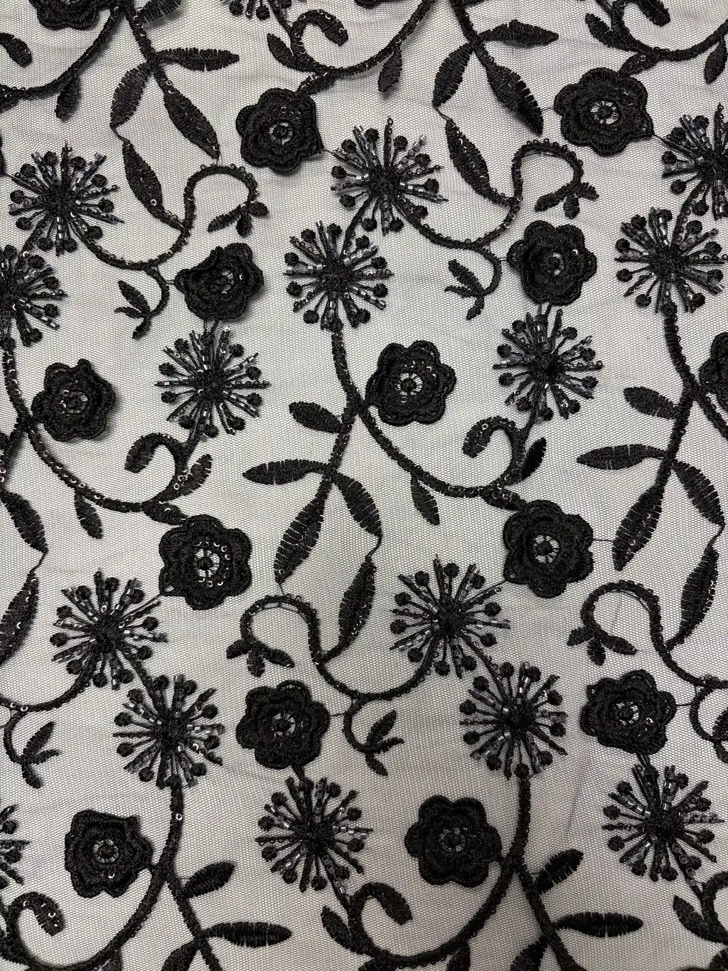 Black Beaded Embroidered Sequin Floral with Scallop Selvedge | Lace