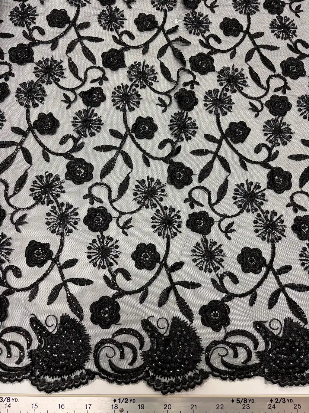 Black Beaded Embroidered Sequin Floral with Scallop Selvedge | Lace