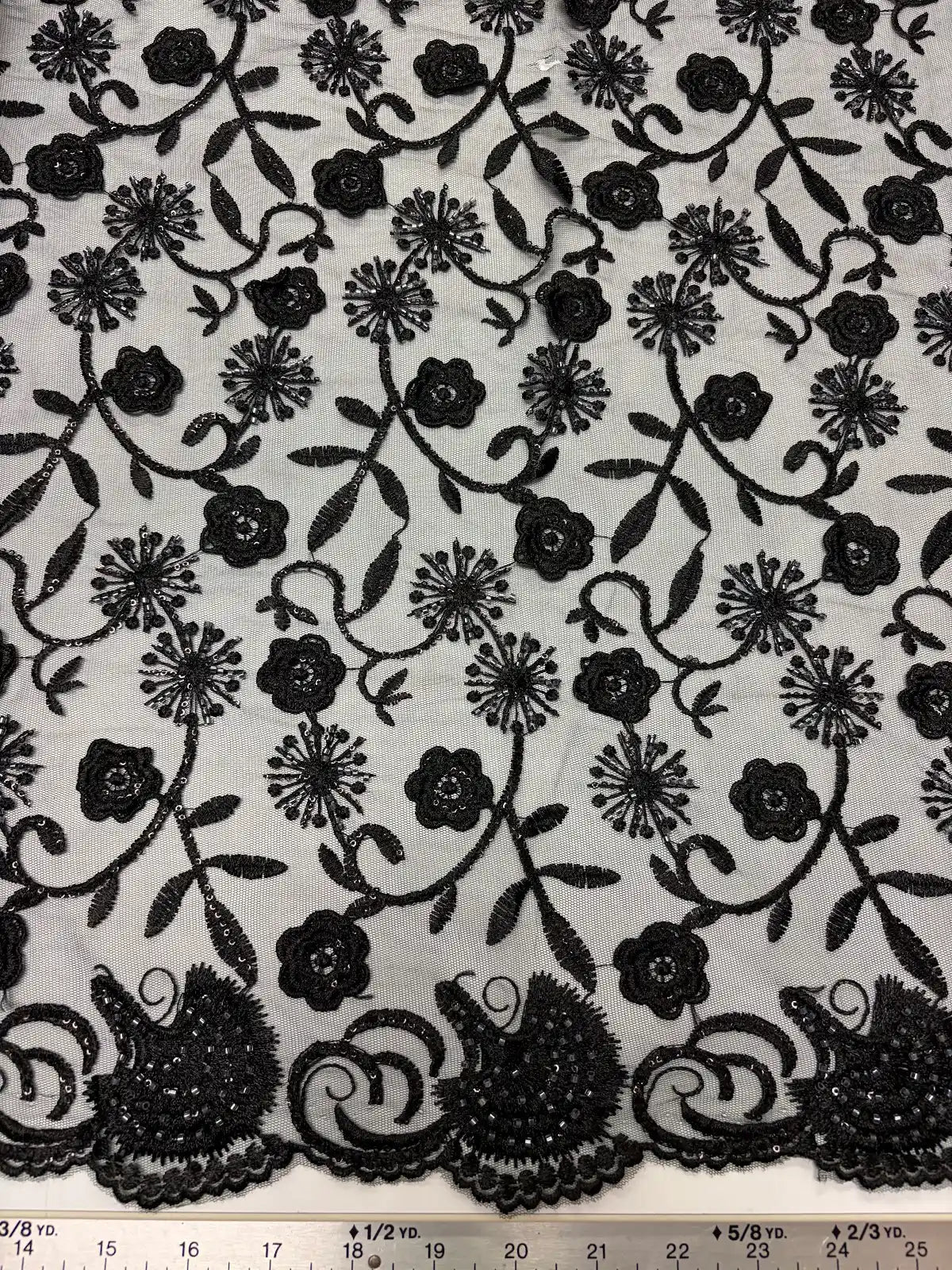 Black Beaded Embroidered Sequin Floral with Scallop Selvedge | Lace