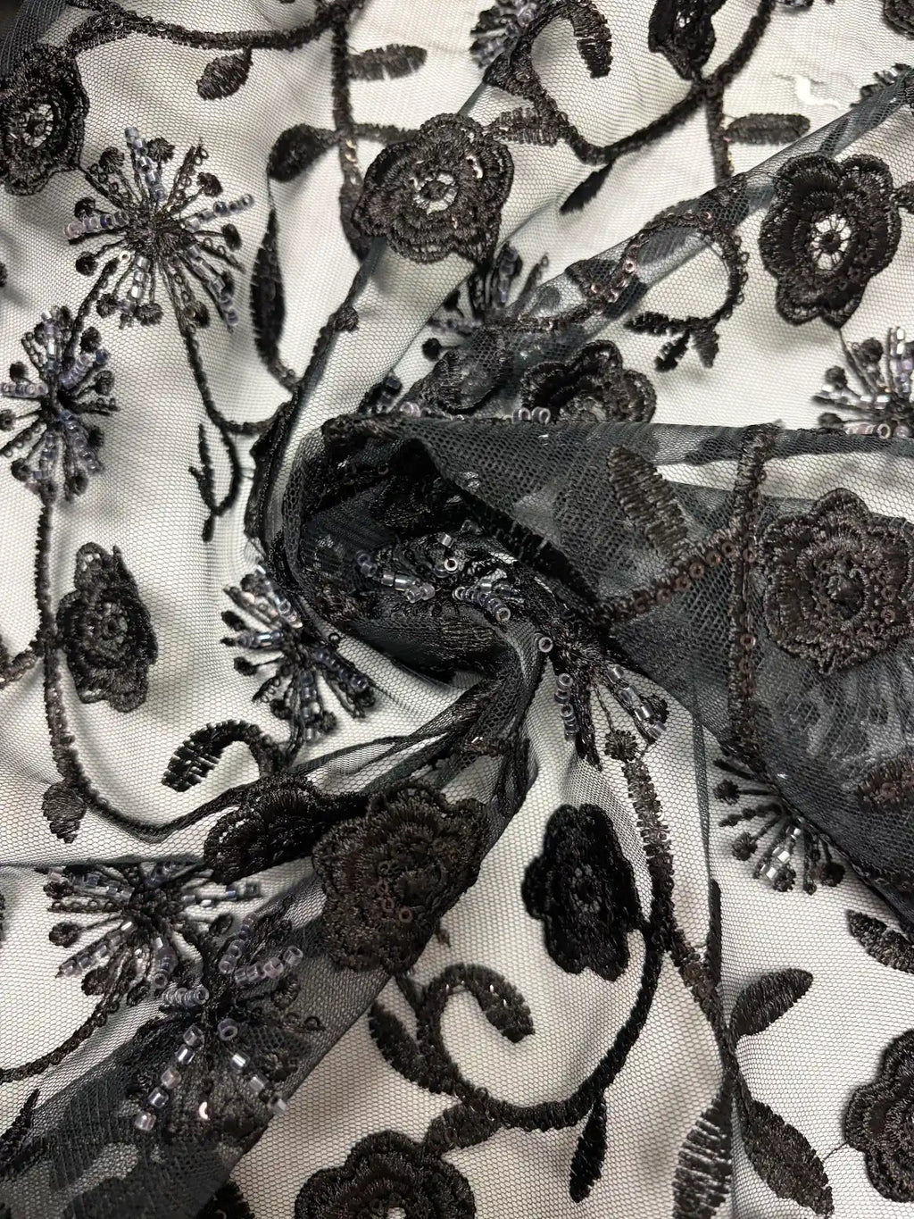 Black Beaded Embroidered Sequin Floral with Scallop Selvedge | Lace