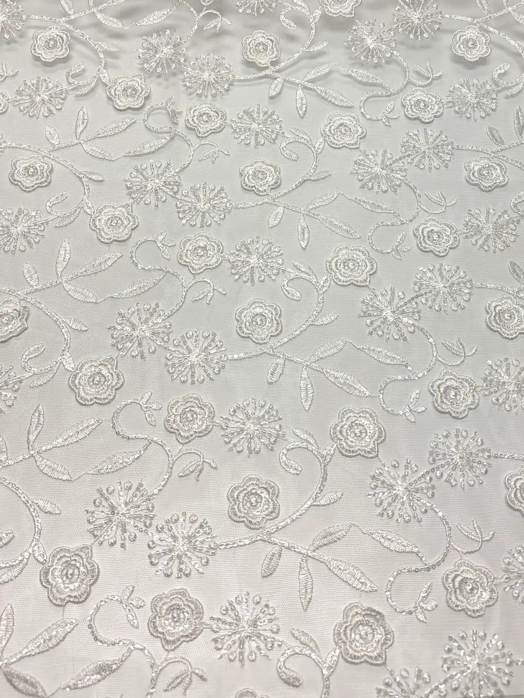 White Beaded Embroidered Sequin Floral with Scallop Selvedge | Lace