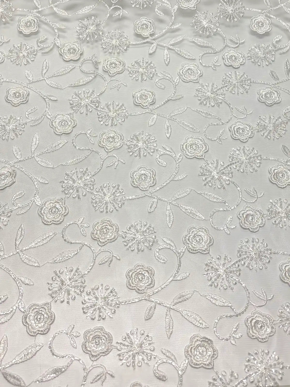 White Beaded Embroidered Sequin Floral with Scallop Selvedge | Lace
