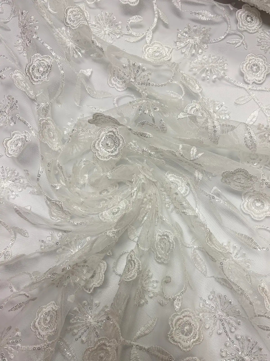 White Beaded Embroidered Sequin Floral with Scallop Selvedge | Lace