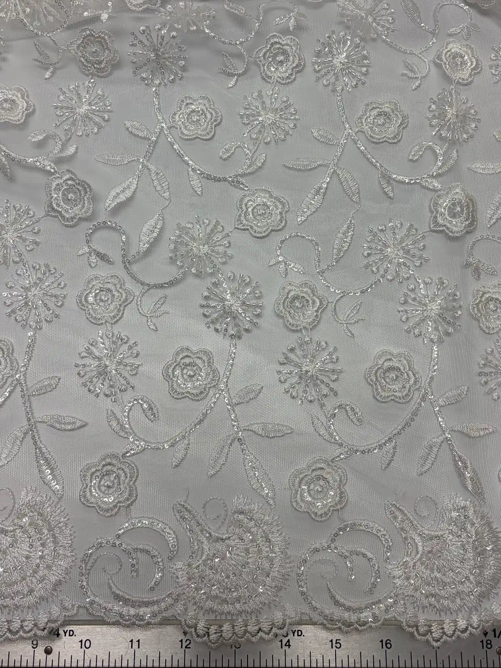 White Beaded Embroidered Sequin Floral with Scallop Selvedge | Lace
