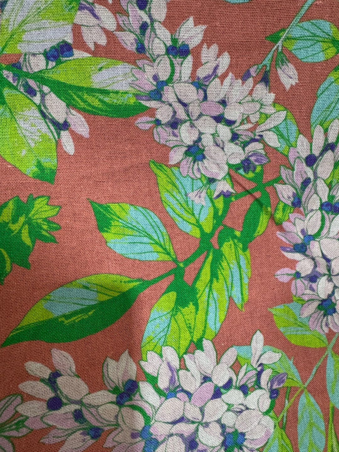 Linen Cotton Blend Fabric - Pink with Green Leaves and Light Purple Flowers