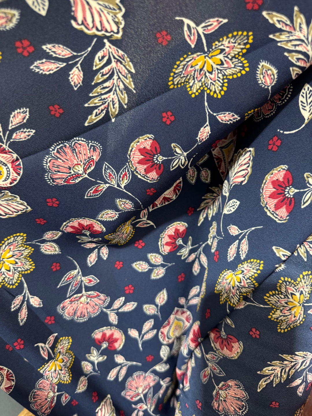 Poly Blend Fabric - Navy Blue with Red and Yellow Flowers