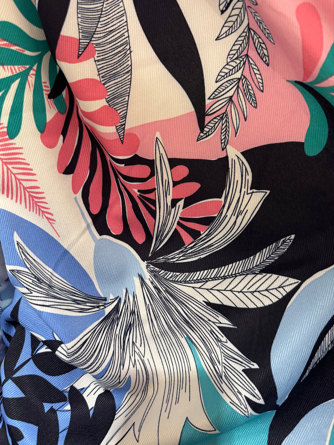 Poly Blend Fabric - White with Blue and Pink Tropical Designs