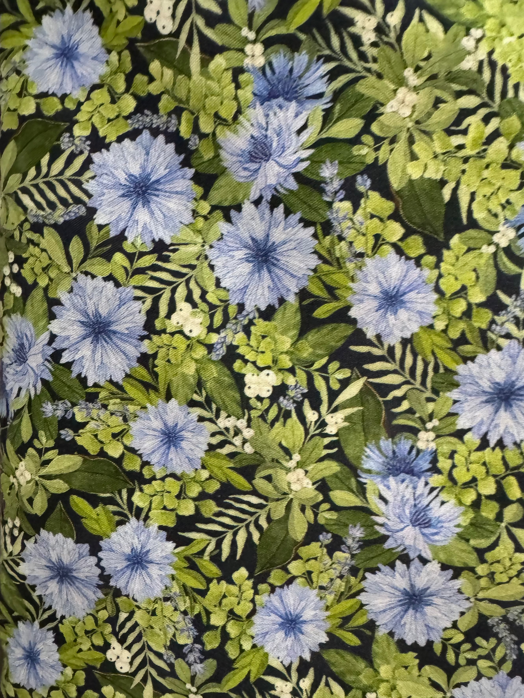 Quilting Cotton Fabric - Green Leaves with Blue Flowers