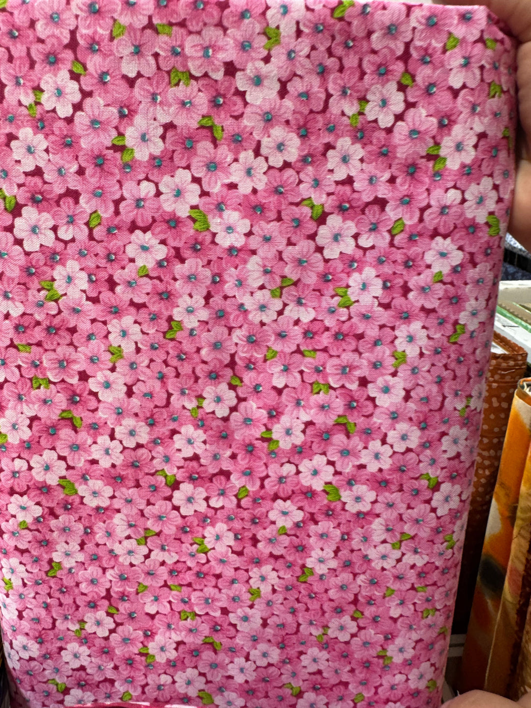 Quilting Cotton Fabric - Pink with Many Flowers and Green Leaves