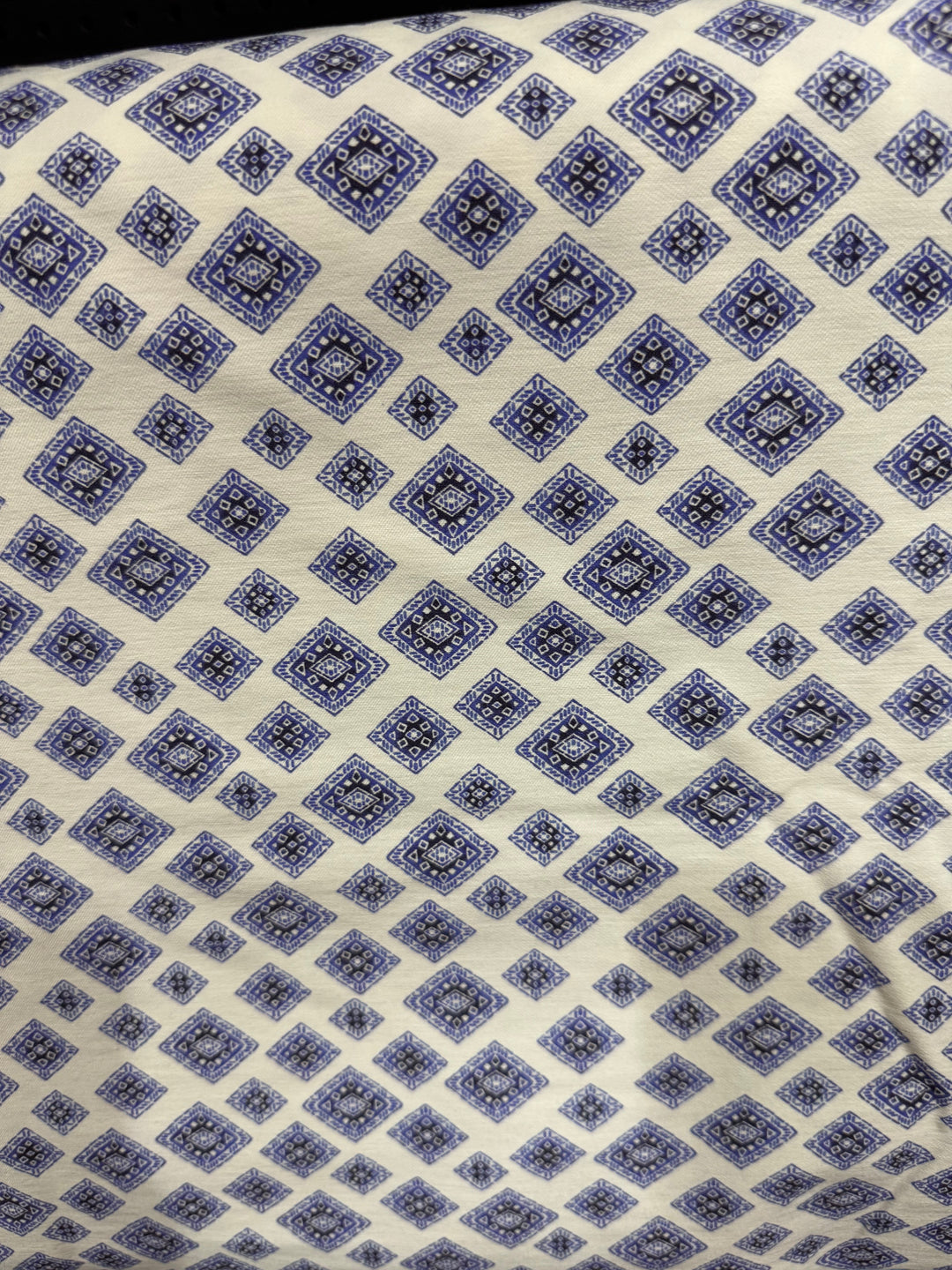 Rayon with Spandex Fabric - White with Blue Square Design