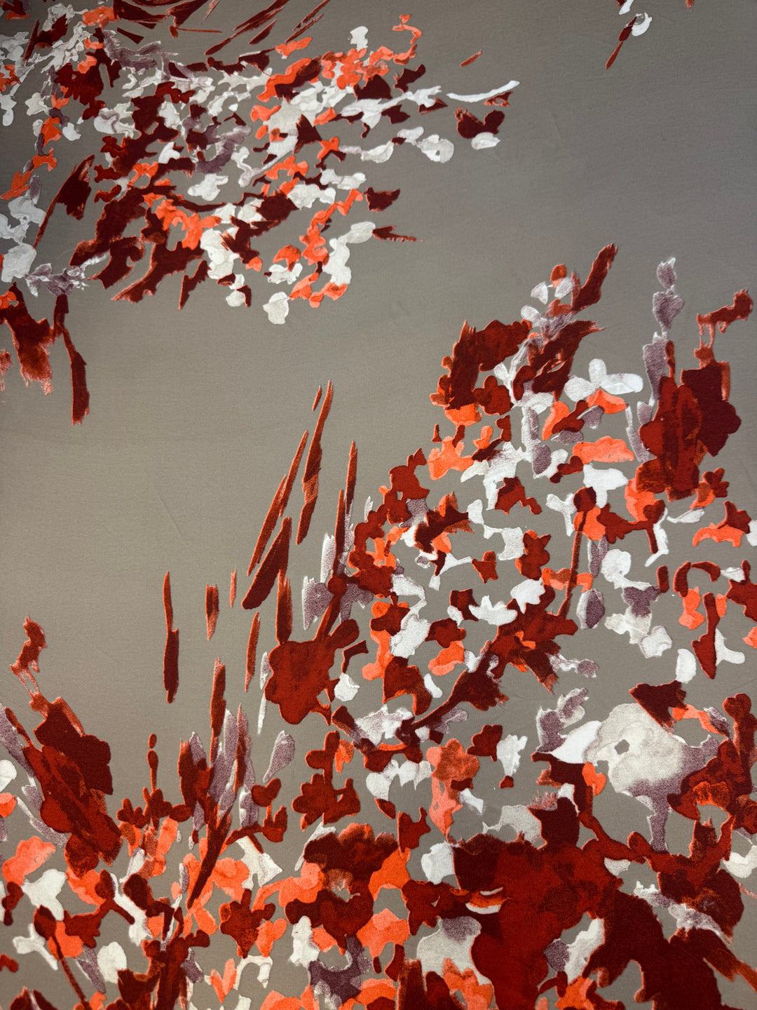 Taupe with Red/Orange Flowers  | Silky Satin