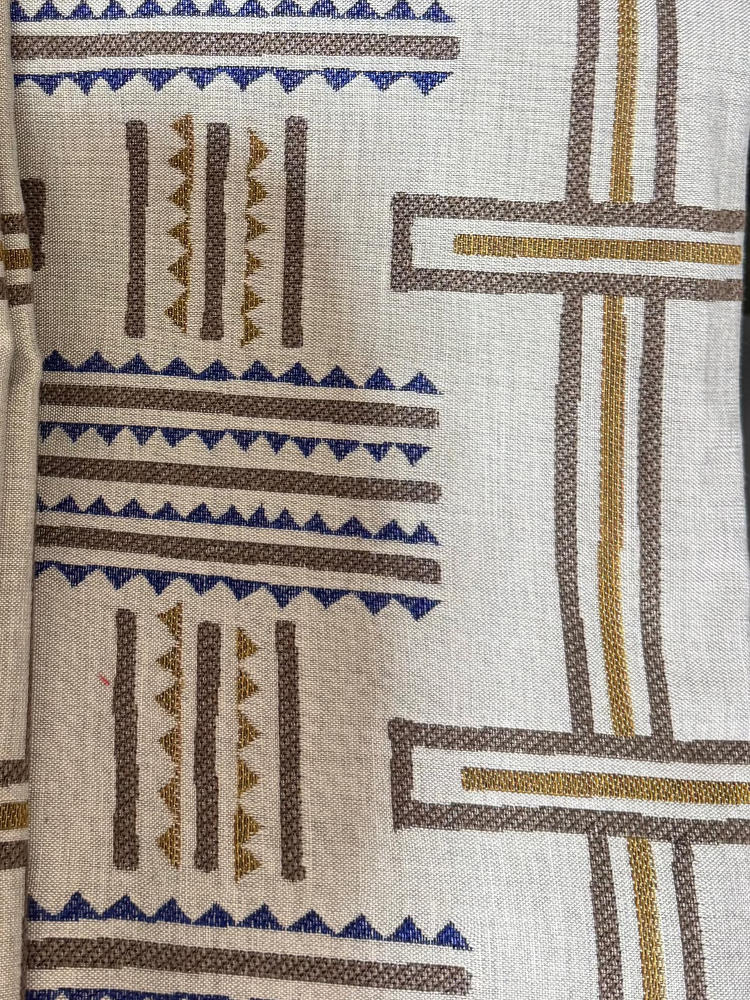 Tapestry Fabric - White with Blue and Gold Geometric Design