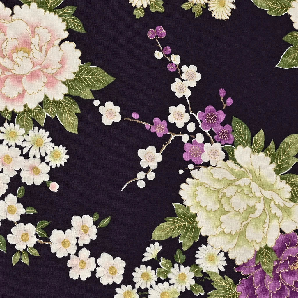 Japanese Peony Prints Cotton Sheeting - Purple