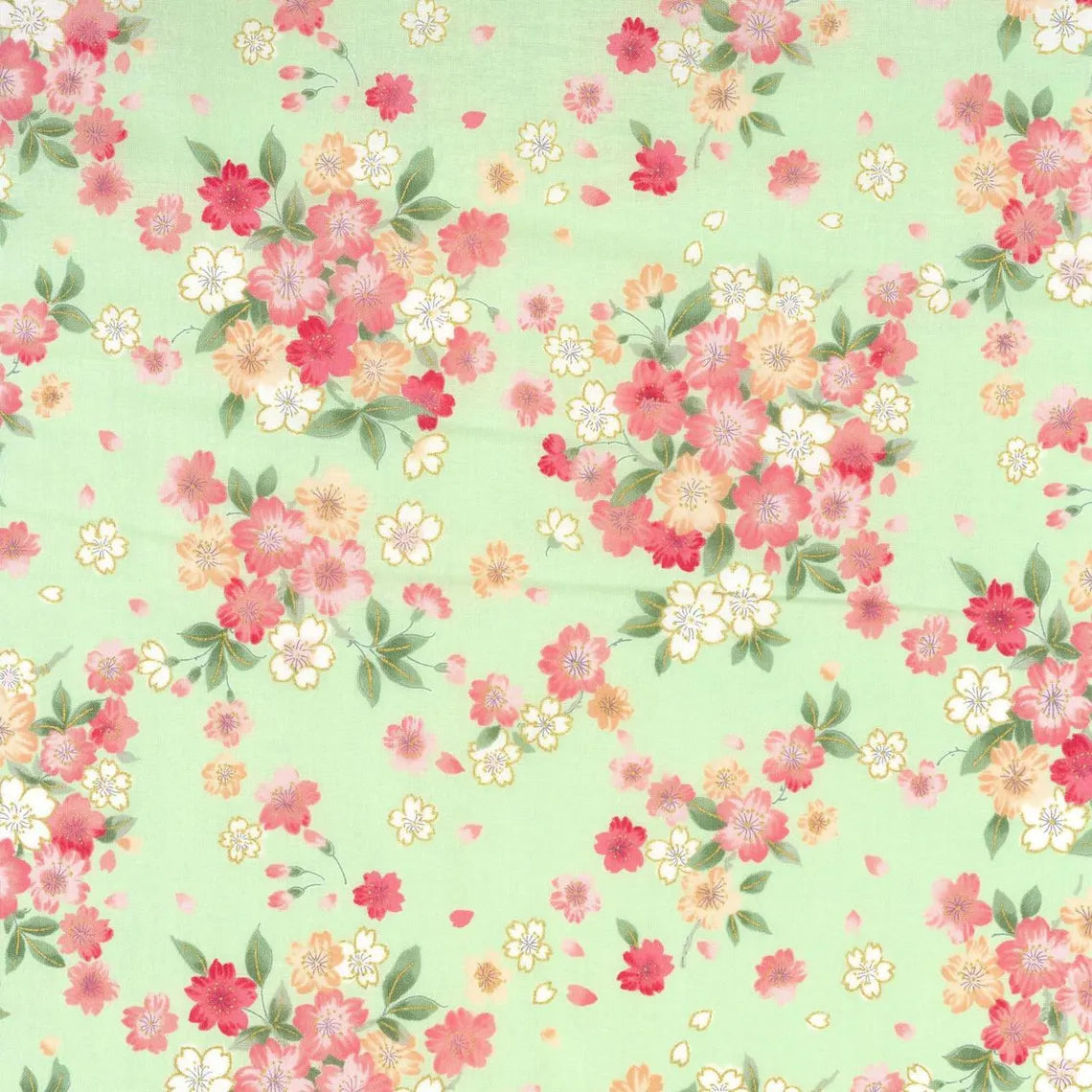 Japanese Sakura Prints Cotton Sheeting - Pastel Green
