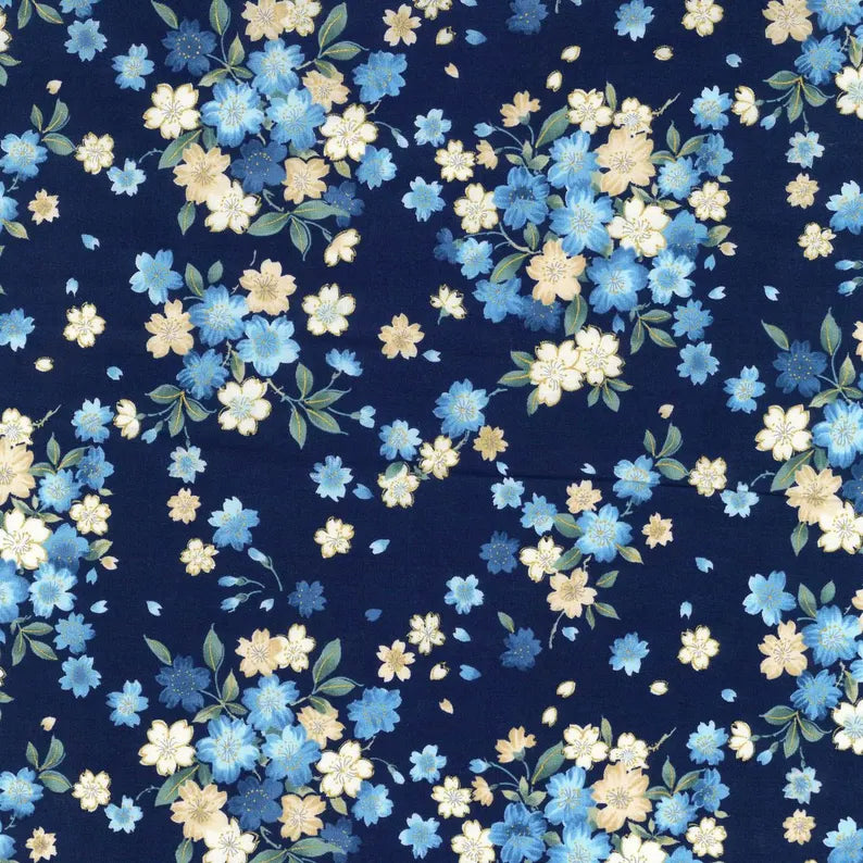 Japanese Sakura Prints Cotton Sheeting - Navy