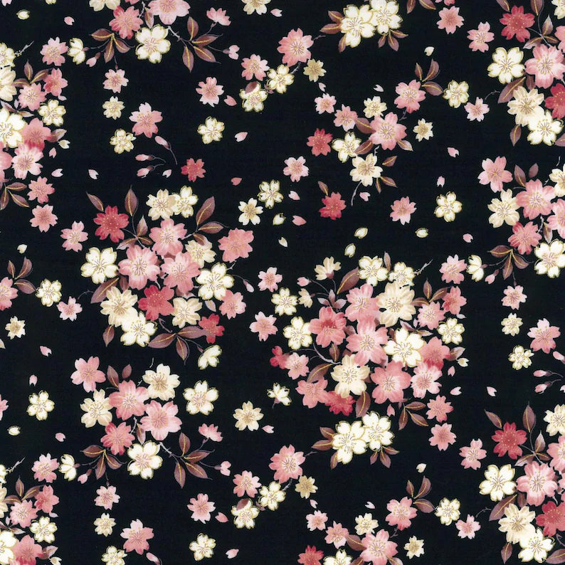Japanese Sakura Prints Cotton Sheeting - Black